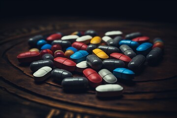 multicolored capsules scattered on a dark wooden table, focus on pharmaceutical variety and healthca