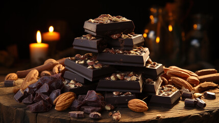 Stack of Milk and Delicious Chocolates And Nuts on Table With Candles on Dark Blurry Background