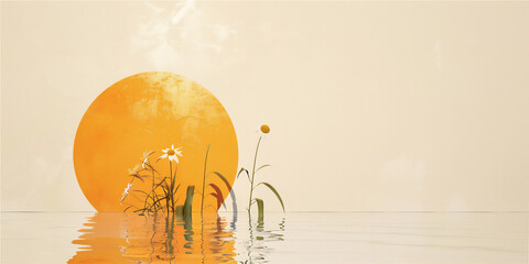 Sticker - Summer wallpaper with weeds flowers and against sun  with copy space in artistic minimalist water painting.