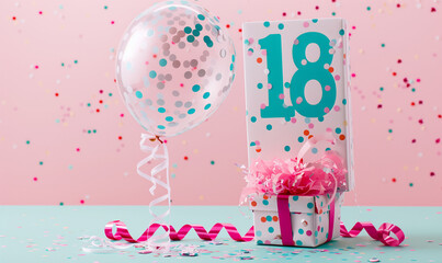 Wall Mural - The eighteenth birthday is a special moment in life, so a gift in an elegant box with a balloon in the shape of the number 18, colorful confetti and bows on a delicate background of pastel colors