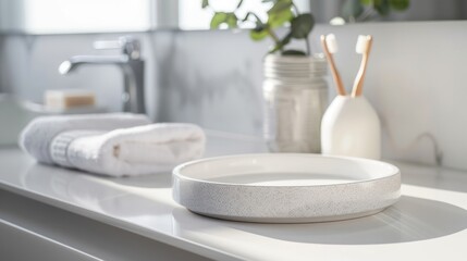 White modern bathroom with a round ceramic tray on a white countertop, with a toothbrush and towels in the background.