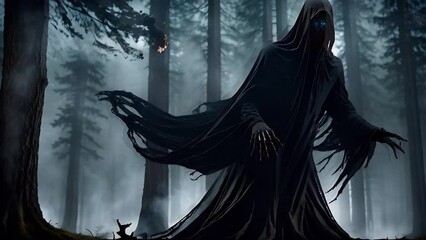 Wall Mural - dark ghost creature in haunted forest 4k loop features an a.i. generated video of a dark creature wi