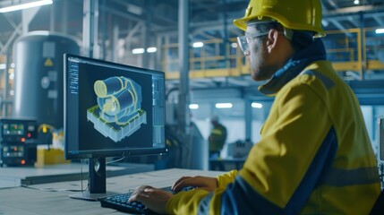 Poster - Heavy Industry Engineer using Computer, CAD Software Shows 3D Model of Zero-Emissions Engine. Industrial Factory with CNC Machinery.