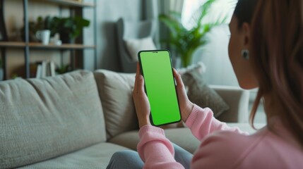 Wall Mural - A young woman uses a mock-up screen smartphone while sitting on a couch in her cozy living room. View from above.