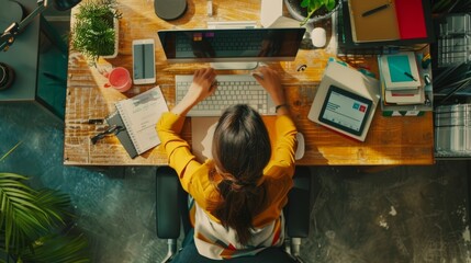 Picture of a female office worker using a desktop computer, a project manager stands beside and offers advice on optimizing workflow.