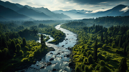 Canvas Print - A Vibrant Dense Rain Forest With Mountains and Floating River Aerial View Landscape Background