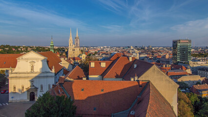 Wall Mural - Kaptol and catholic cathedral timelapse in the center of Zagreb, Croatia, panoramic view