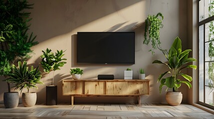 Wall Mural - A minimalist modern living room with an empty wooden TV cabinet and a black flat screen television hanging on the wall, adorned with plants. 
