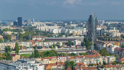 Sticker - Panorama of the city center timelapse of Zagreb, Croatia, with modern and historic buildings, museums in the distance.