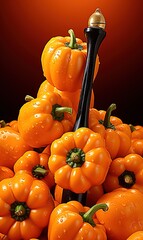 Canvas Print - Autumn harvest of ripe peppers on an orange background with a shovel to one side 