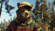 Urso vestindo um suéter xadrez em tons de vermelho e verde, combinado com um boné amarelo. em ambiente de floresta, rodeado de árvores altas e folhagens em tons de verde e marrom. 
