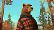 Urso vestindo um suéter xadrez em tons de vermelho e verde, combinado com um boné amarelo. em ambiente de floresta, rodeado de árvores altas e folhagens em tons de verde e marrom. 