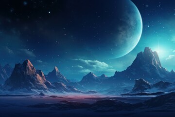 Wall Mural - Surreal artwork of a tranquil night scene with mountains under a starry sky and large planets