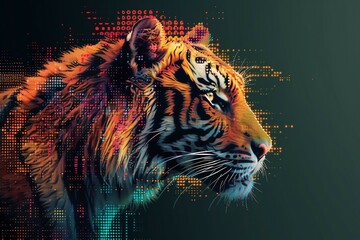 Wall Mural - a tiger portrait in a pixel art style on green background. AI generate illustration