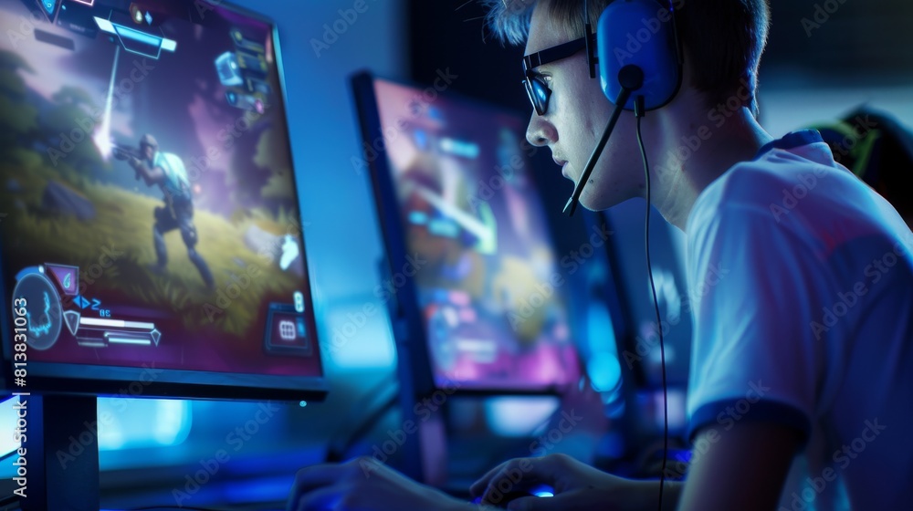 A professional eSports gamer plays a first person shooter video game on ...