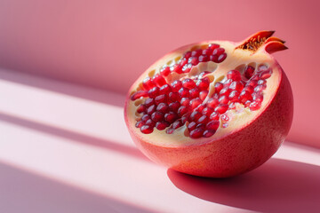 Wall Mural - A red pomegranate is cut in half and is sitting on a pink background