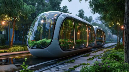 Eco-friendly futuristic sleek tram gliding on city tracks under the morning light, flanked by green trees