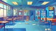 © Mark - The cartoon modern illustration shows an abandoned school cafe, a failed university canteen, a filthy dining room with spider webs on the walls, scattered rubbish and broken furniture, tables,