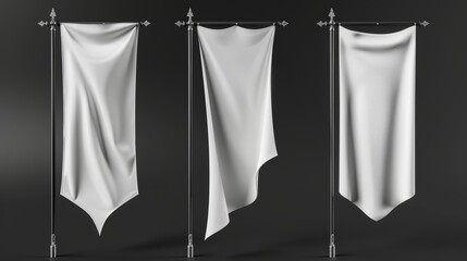 Wall Mural - Realistic 3D modern illustration set of white pennant flags mockup on flagpole with flat, concave, convex and pointed edges.