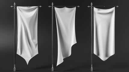 Poster - Realistic 3D modern illustration set of white pennant flags mockup on flagpole with flat, concave, convex and pointed edges.