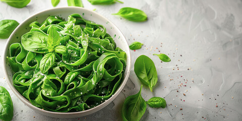 Bowl of alternative green spinach or pea fettuccine pasta noodles with fresh basil leaves. Option for for use: culinary recepies , healthy eating, fitness, diets. Copy space