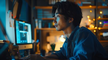Digital Entrepreneur Typing, Creating Modern Software, Creating e-Commerce Apps, Programming. Stylish and authentic person in a night office.