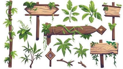 Wall Mural - Wooden signboards in the jungle, wood planks and pointers with green leaves and lianas. Modern cartoon set of wood panels, timber boards, and direction signs with plants in the forest isolated on