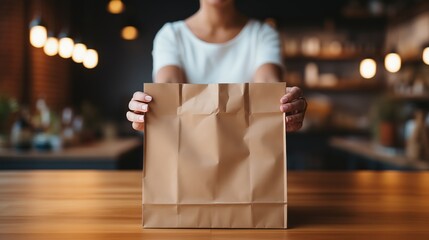 A woman is placing a brown paper bag on a wooden table