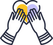 Hands holding heart icon representing love support and care, outline graphic design