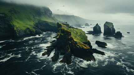 Canvas Print - A Beautiful Coastal Cliff Near The Ocean Foggy Weather Landscape Background
