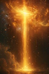 Poster - A golden light shines from the center of a star filled sky, AI