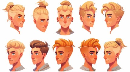 Poster - Modern illustrations of blond haired men with different hairstyles. Modern cartoon illustrations of handsome male characters with quiffs and buns.