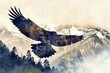 majestic eagle silhouette in flight with rugged mountain landscape double exposure wildlife art