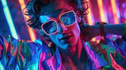 In this funny viral video, a handsome young man dances in futuristic glasses while enjoying a party at home in a loft apartment. He goes viral on social media with his funny videos.