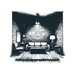 Canvas Print - The living room. Black white vector illustration.