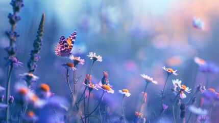 Poster - natural beauty with flowers and butterflies. Light blue butterflies perched among the colorful flowers