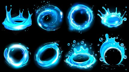 An abstract circle wave, air vortex and clean, fresh effects set with round blue swirls, splash of water with bubbles isolated on black background.