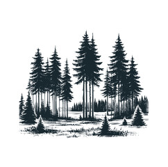 Sticker - The pine forest. Black white vector illustration.