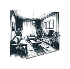 Canvas Print - The living room. Black white vector illustration.