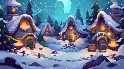 Canvas Print - Snow covered dwarf village houses in winter. Modern cartoon illustration of gnome settlement in forest with stone huts, round windows, lantern, and watermill. Fantasy game scene.