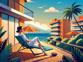 Wall Mural - Young woman relaxing in chair on balcony of beachfront hotel
