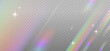 © LanaSham - Iridescent crystal leak glare reflection effect. Optical rainbow ray lights, glare, leak, streak overlay. Vector colorful lenses and light flares with transparent effects on light background.