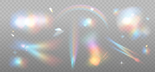 big set of colorful lens, crystal rainbow light and flare transparent effect elements. overlay templ