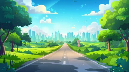 Canvas Print - Summer scene with empty highway, green fields, road sign and town buildings. Modern illustration of a nature landscape with road, city on horizon, trees and clouds in the sky.