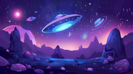 Wall Mural - UI background for childish arcade videogame featuring a galaxy space modern map and extraterrestrial alien spaceships flying on asteroid platforms. The score interface is futuristic.
