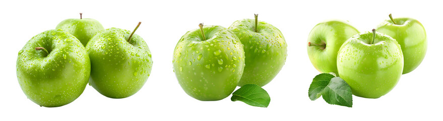 Set of green apples isolated on transparent background