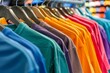 plain tshirts of different colors hanging on rack clothing store interior
