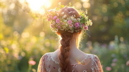 Wall Mural - A close up shot captures the back view of a girl wearing a beautiful flower wreath against a sunny backdrop of lush greenery The floral crown symbolizes the essence of the summer solstice e