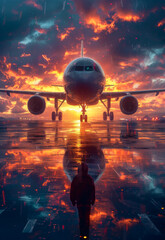 Wall Mural - Airplane on the runway during storm. Silhouette of passenger aircraft against the backdrop of stormy sunset.