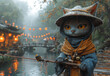 Cat fisherman in hat and scarf with fishing rod in mystical Asian village on background of lanterns. 3D Rendering.
